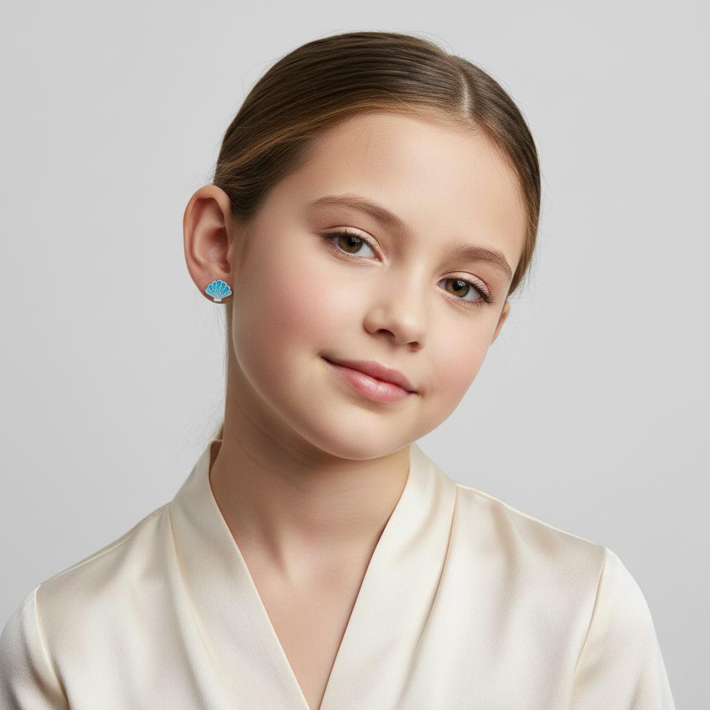 Girl wearing blue glitter screw back earrings for kids by Melchior Jewellery with delicate shell design