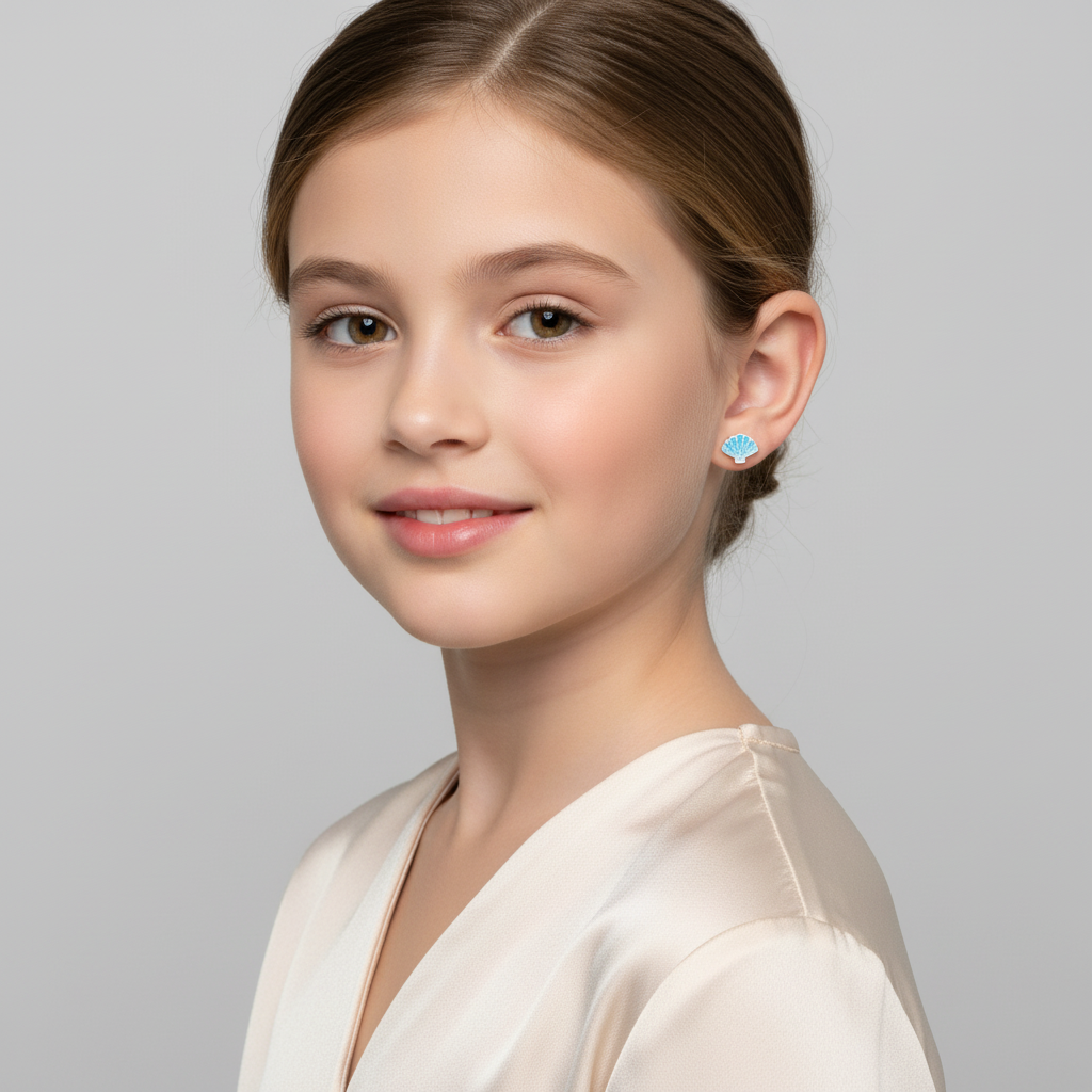 Girl wearing blue glitter screw back earrings for kids by Melchior Jewellery smiling against grey background