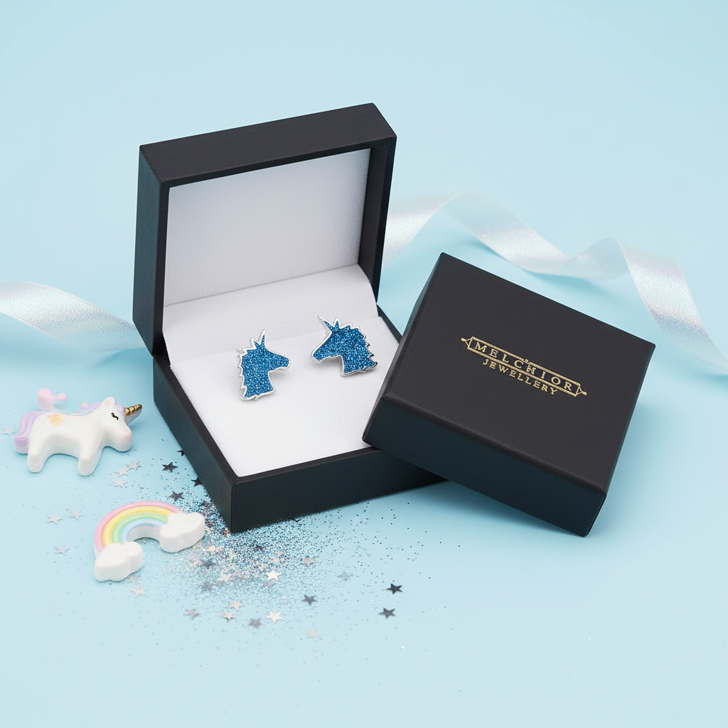 Blue unicorn stud earrings for kids displayed in a Melchior Jewellery black gift box with unicorn and rainbow decorations