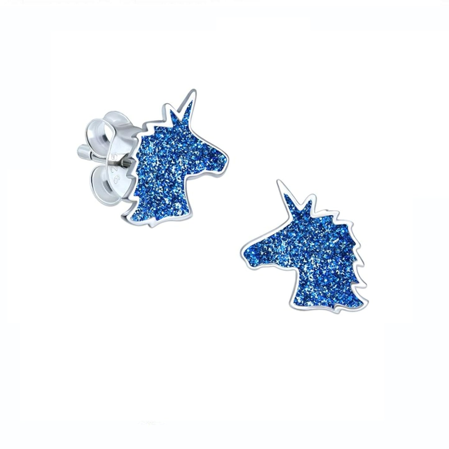 Blue unicorn stud earrings for kids with glittery design by Melchior Jewellery