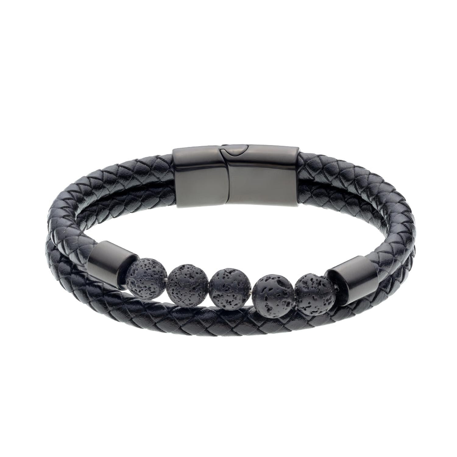 Braided black leather bracelet men with black lava stone beads and magnetic clasp by Melchior Jewellery
