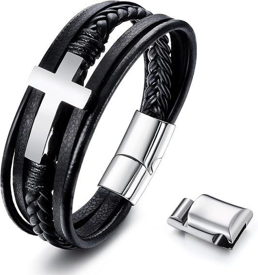 Melchior Jewellery braided leather bracelet for men with silver cross and magnetic clasp
