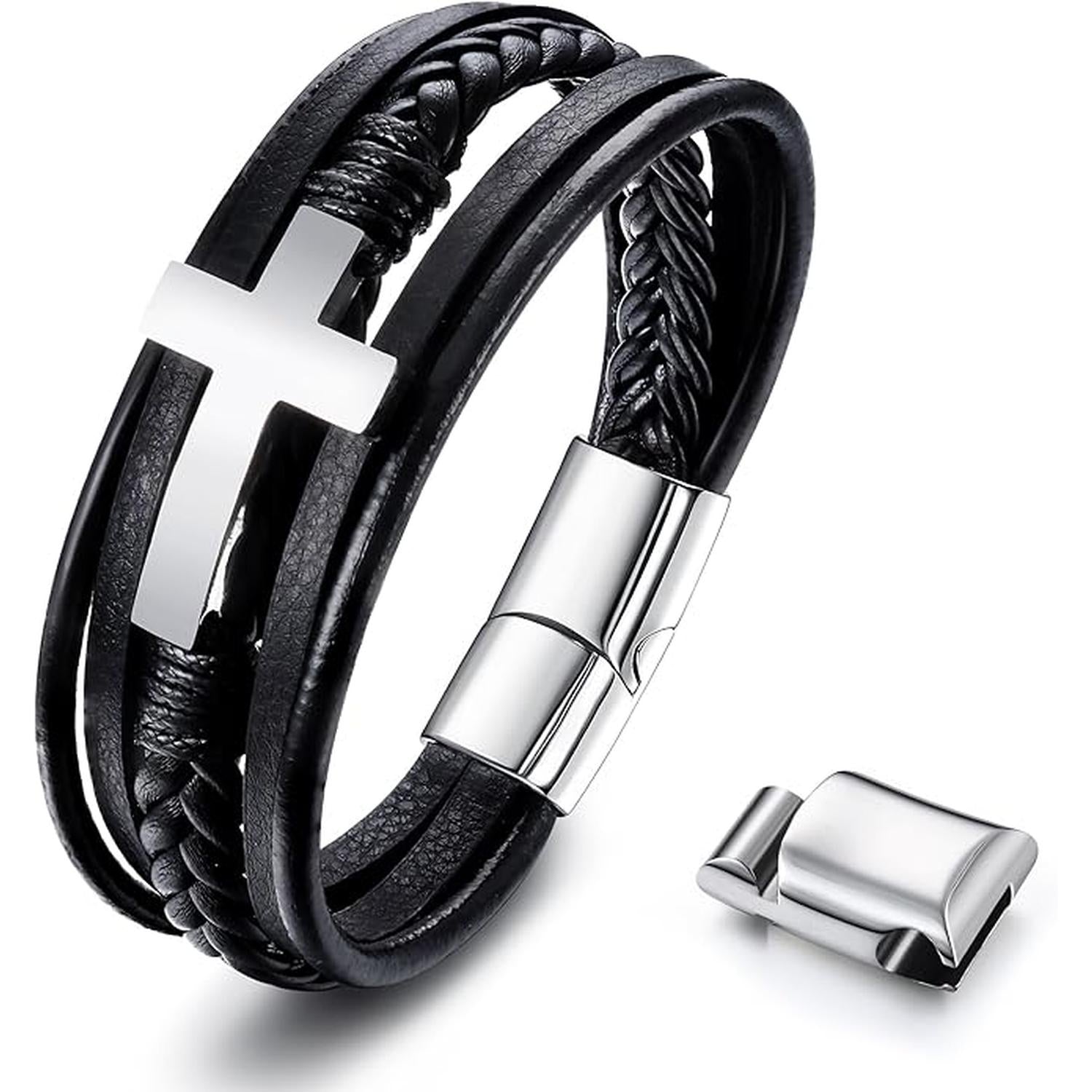 Melchior Jewellery braided leather bracelet for men with silver cross and magnetic clasp