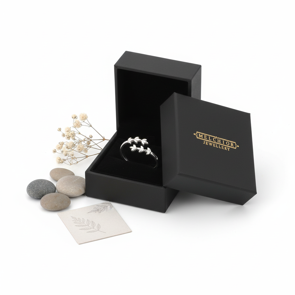 Melchior Jewellery branch design toe ring in silver displayed in black gift box with decorative stones