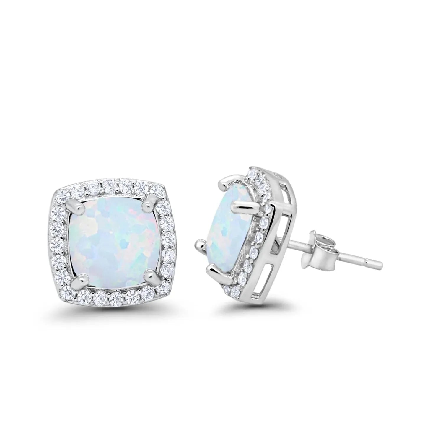 Melchior Jewellery bridal opal stud earrings with cushion-cut white opals surrounded by sparkling white stones in silver setting