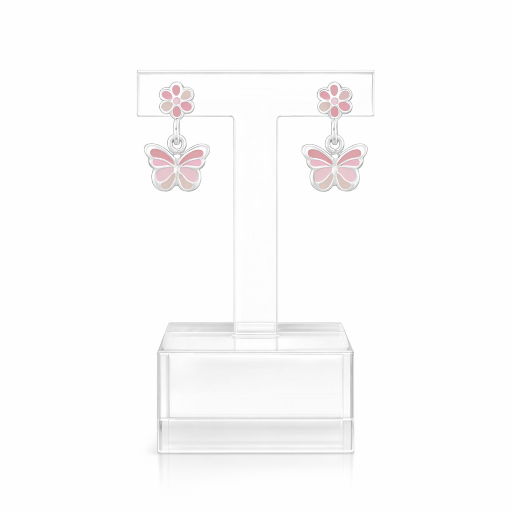 Melchior Jewellery pink and silver butterfly drop earrings for girls with flower studs