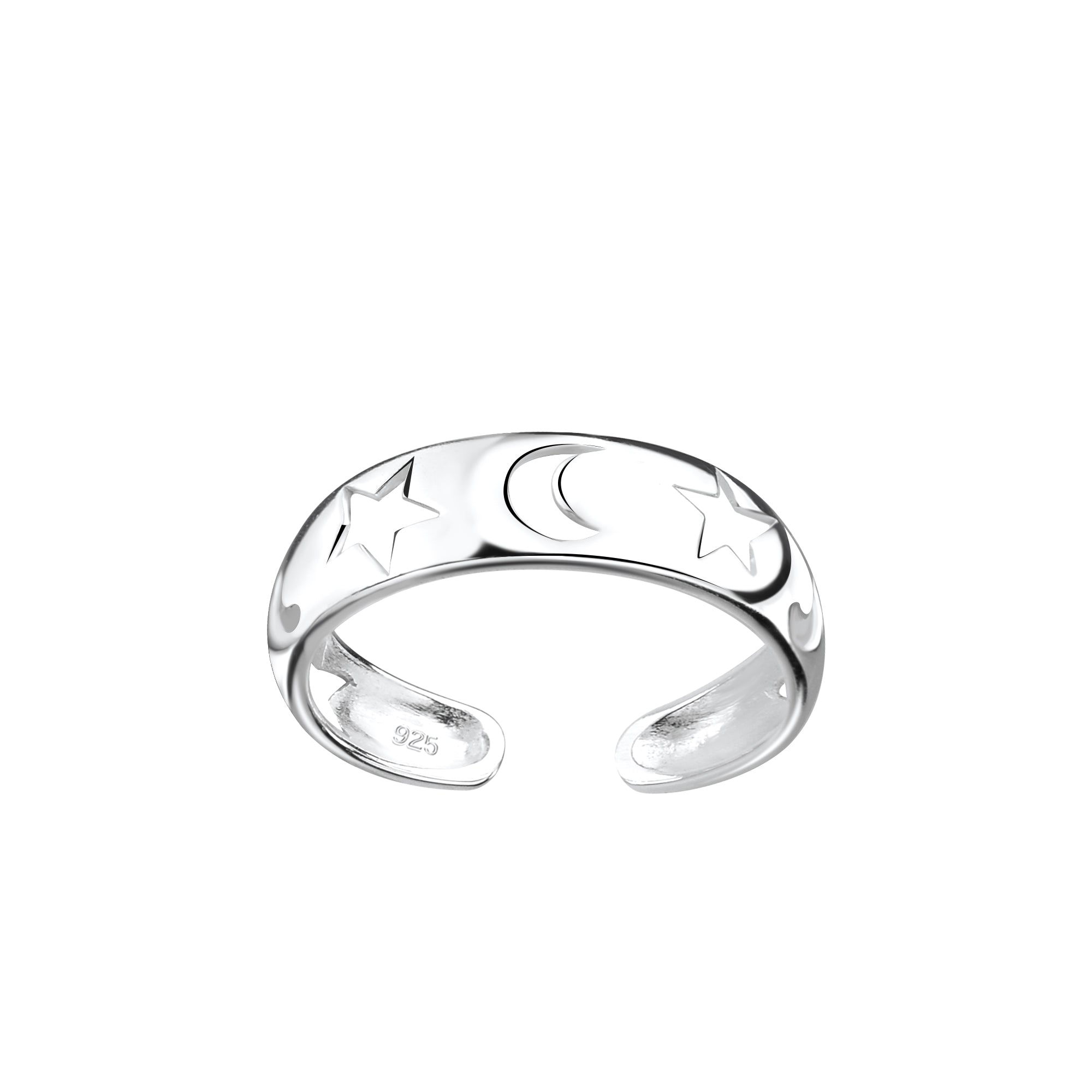 Sterling silver celestial toe ring jewellery with star and moon design by Melchior Jewellery