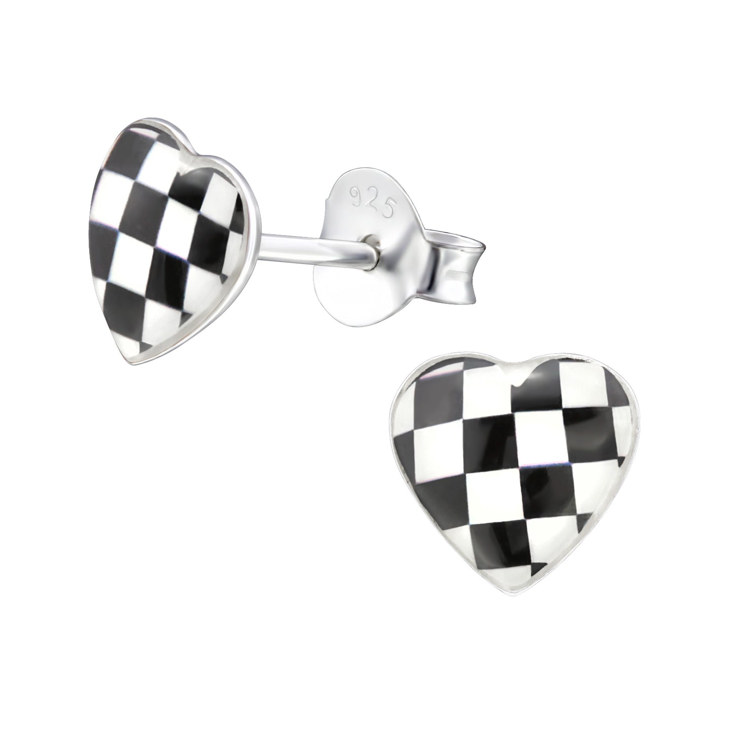 Melchior Jewellery checkered heart stud earrings for kids in silver with black and white pattern
