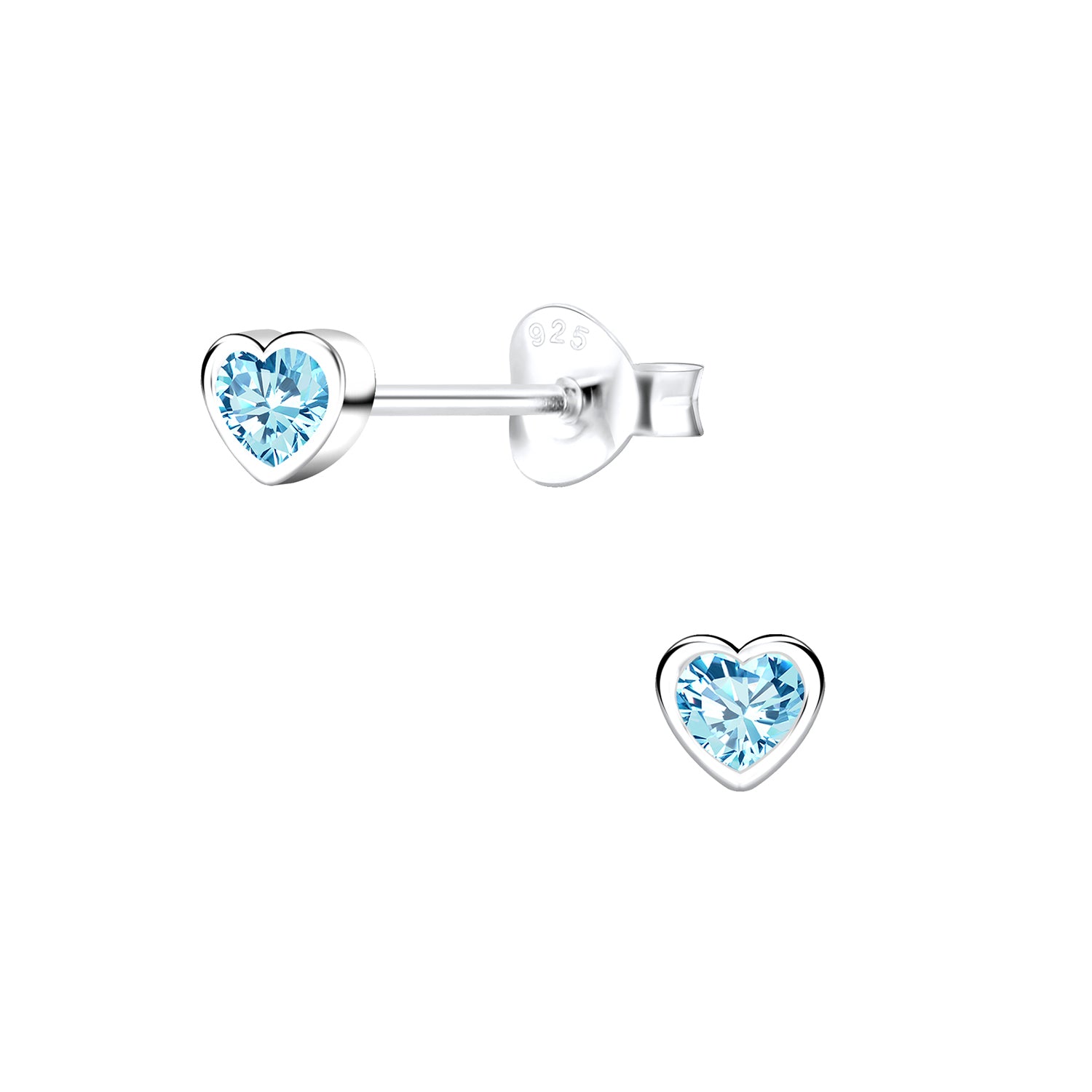 Childrens aquamarine heart earrings by Melchior Jewellery in sterling silver studs