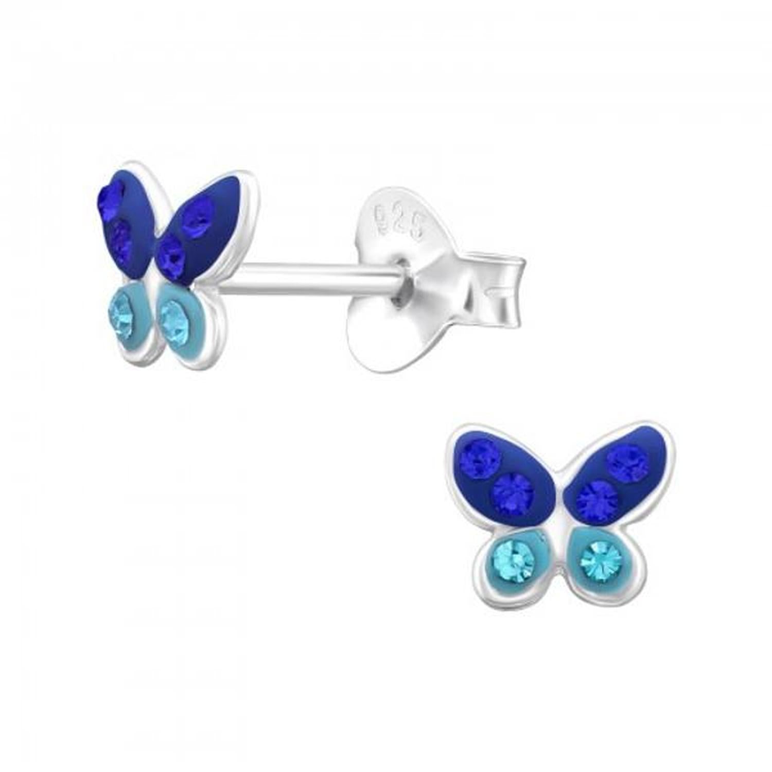 Melchior Jewellery childrens butterfly stud earrings in silver with blue and turquoise crystals