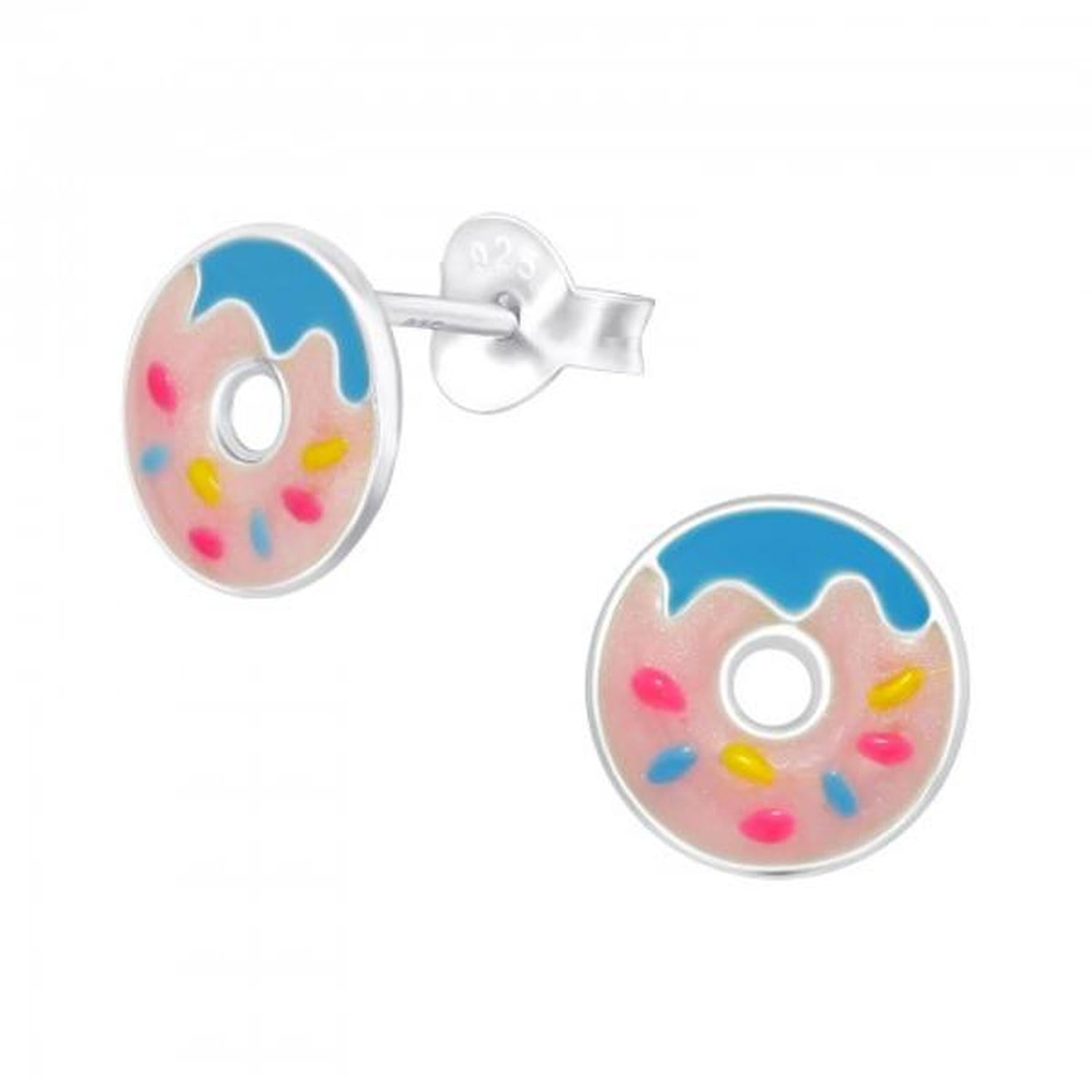Melchior Jewellery childrens donut stud earrings in silver with pink icing, blue topping and colorful sprinkles