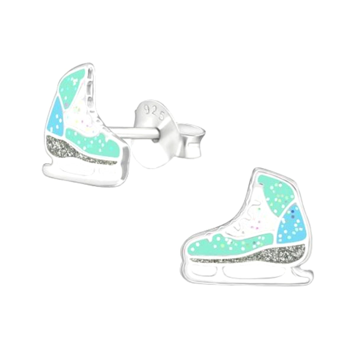 Melchior Jewellery childrens ice skate stud earrings in silver with turquoise, blue, and silver glitter detailing