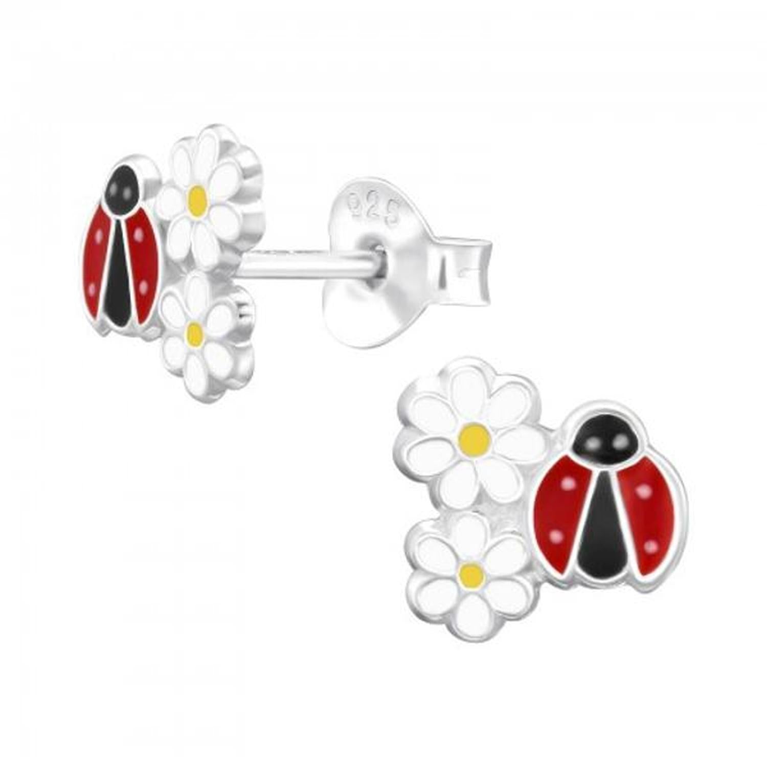 Melchior Jewellery Childrens Ladybird Stud Earrings in silver with red and black ladybird and white daisy flowers