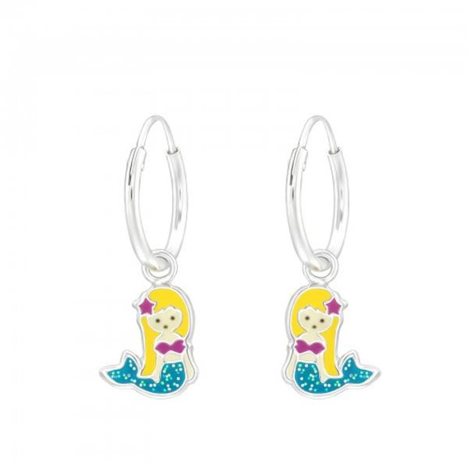 Silver childrens mermaid hoop earrings with colourful yellow hair and blue tail charms from Melchior Jewellery