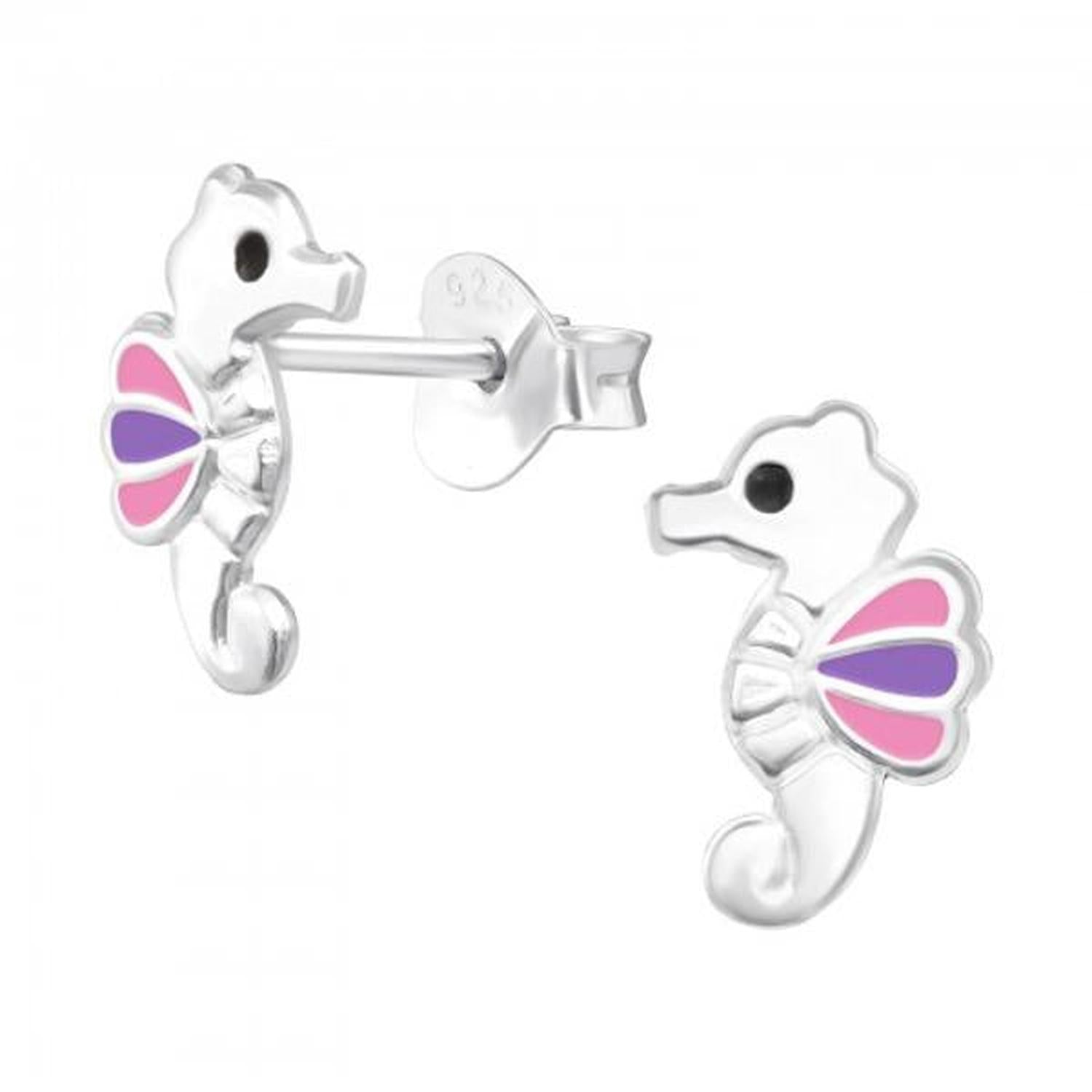 Melchior Jewellery Childrens Seahorse Stud Earring in silver with pink and purple enamel wings and black eye