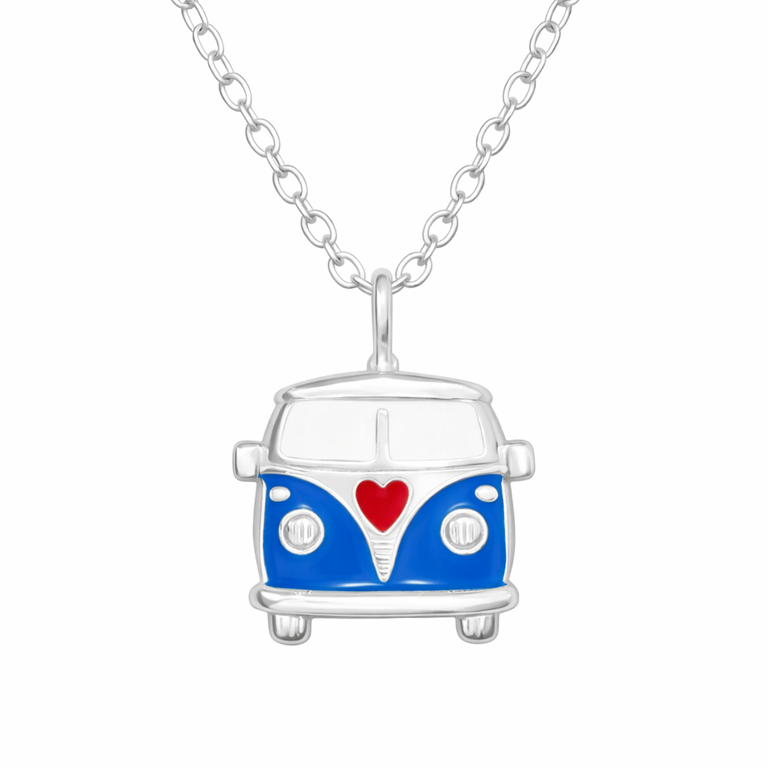 Childrens Silver Camper Van Necklace by Melchior Jewellery featuring blue enamel and red heart detail on a silver chain