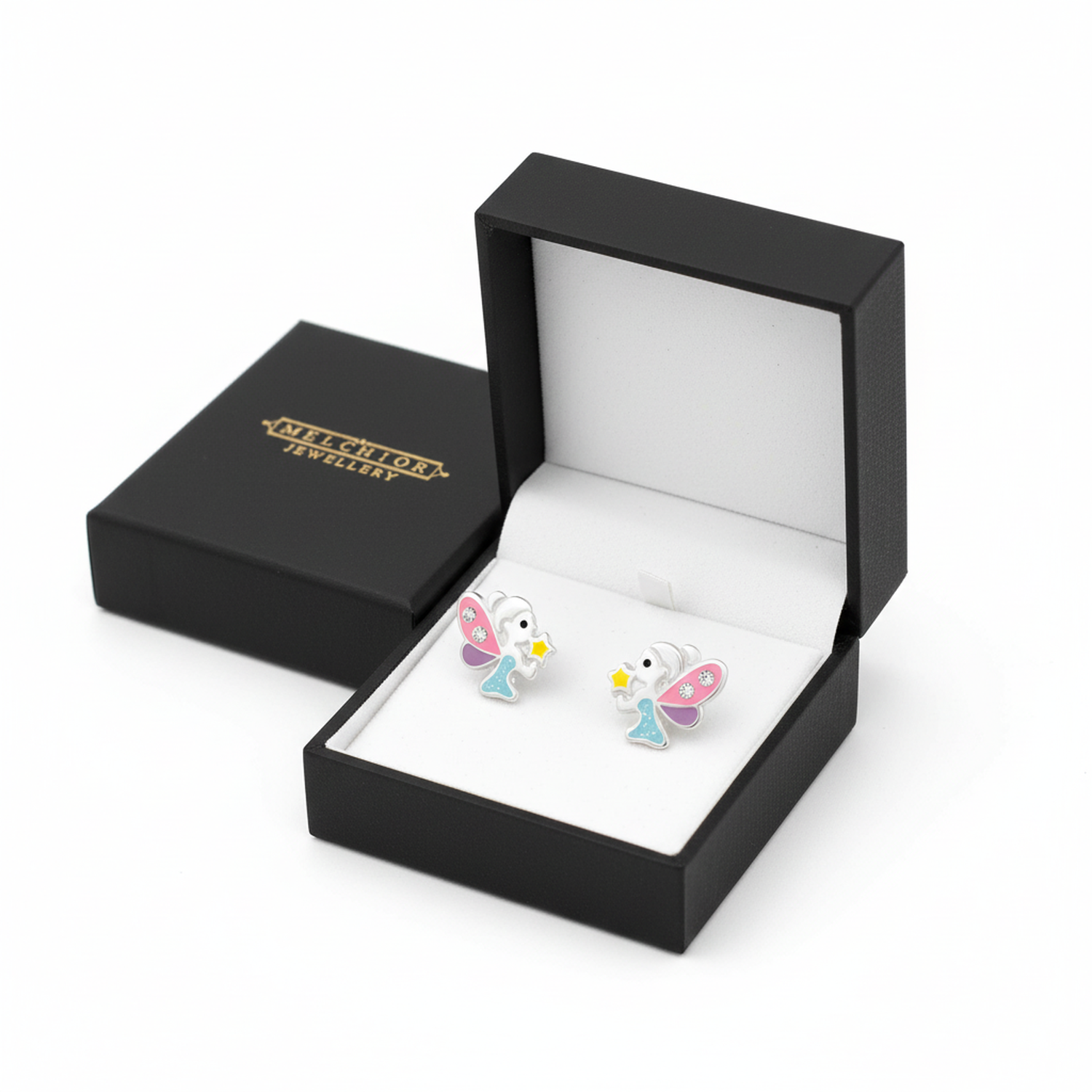 Childrens silver fairy stud earrings with pink wings and blue dress in Melchior Jewellery black gift box