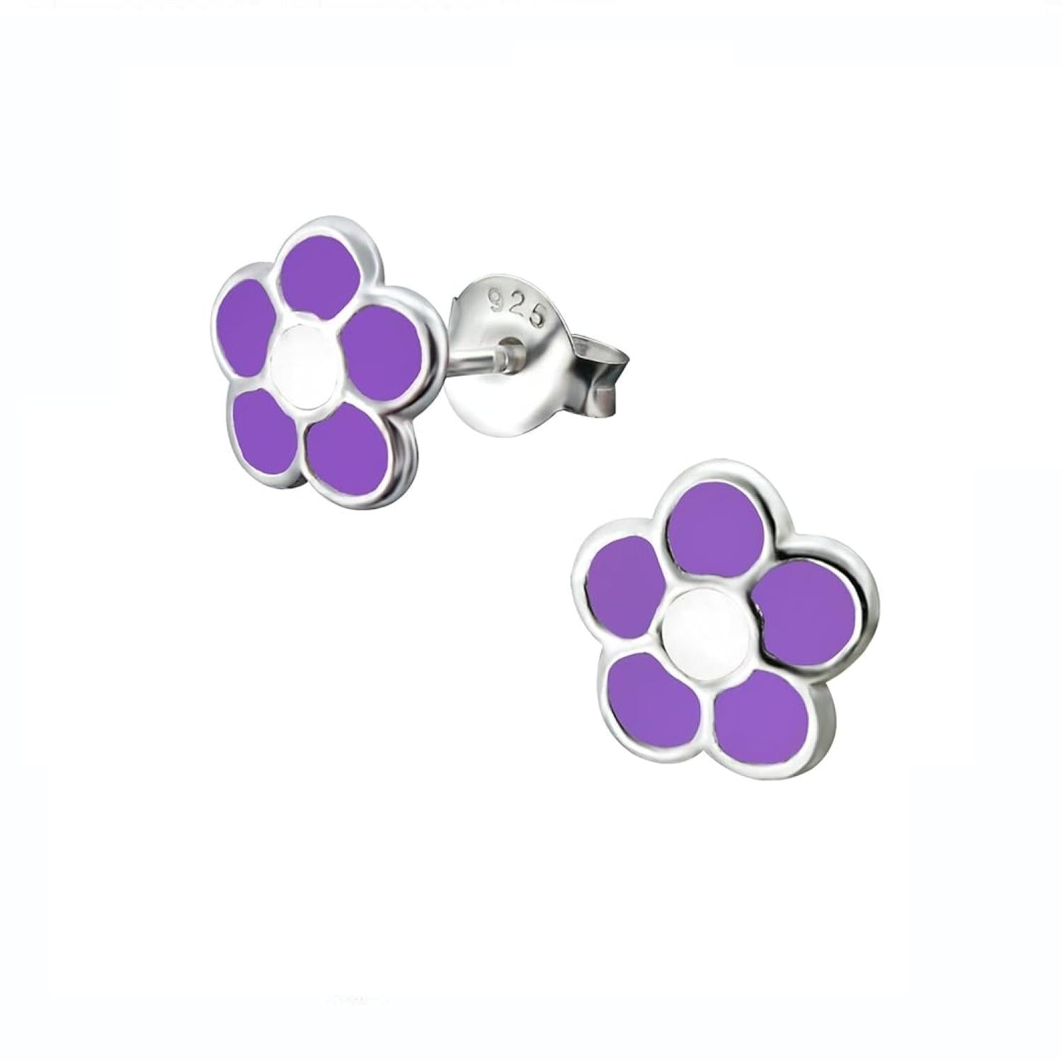Childrens silver flower stud earrings with purple enamel petals by Melchior Jewellery