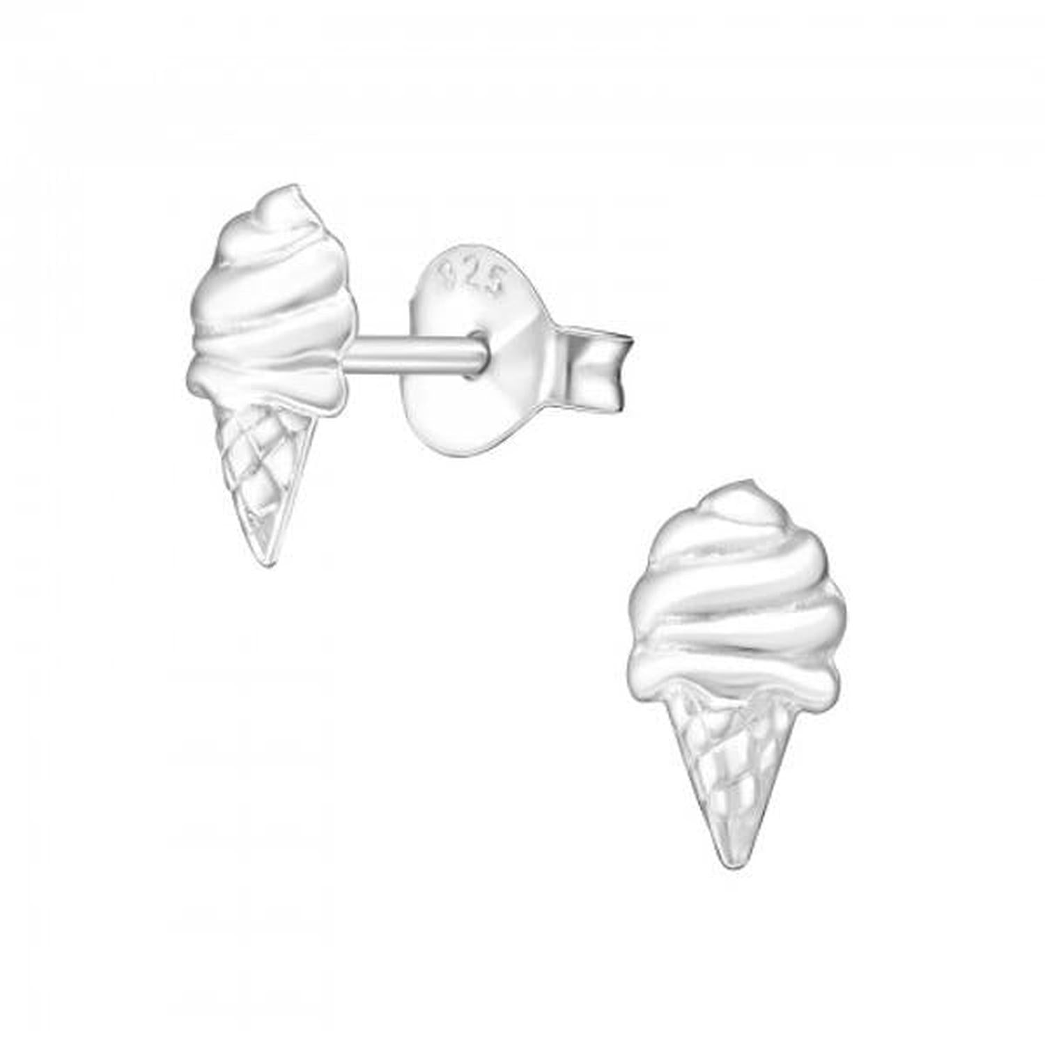 Childrens Silver Ice Cream Ear Studs by Melchior Jewellery featuring shiny silver ice cream cone design with smooth swirl top