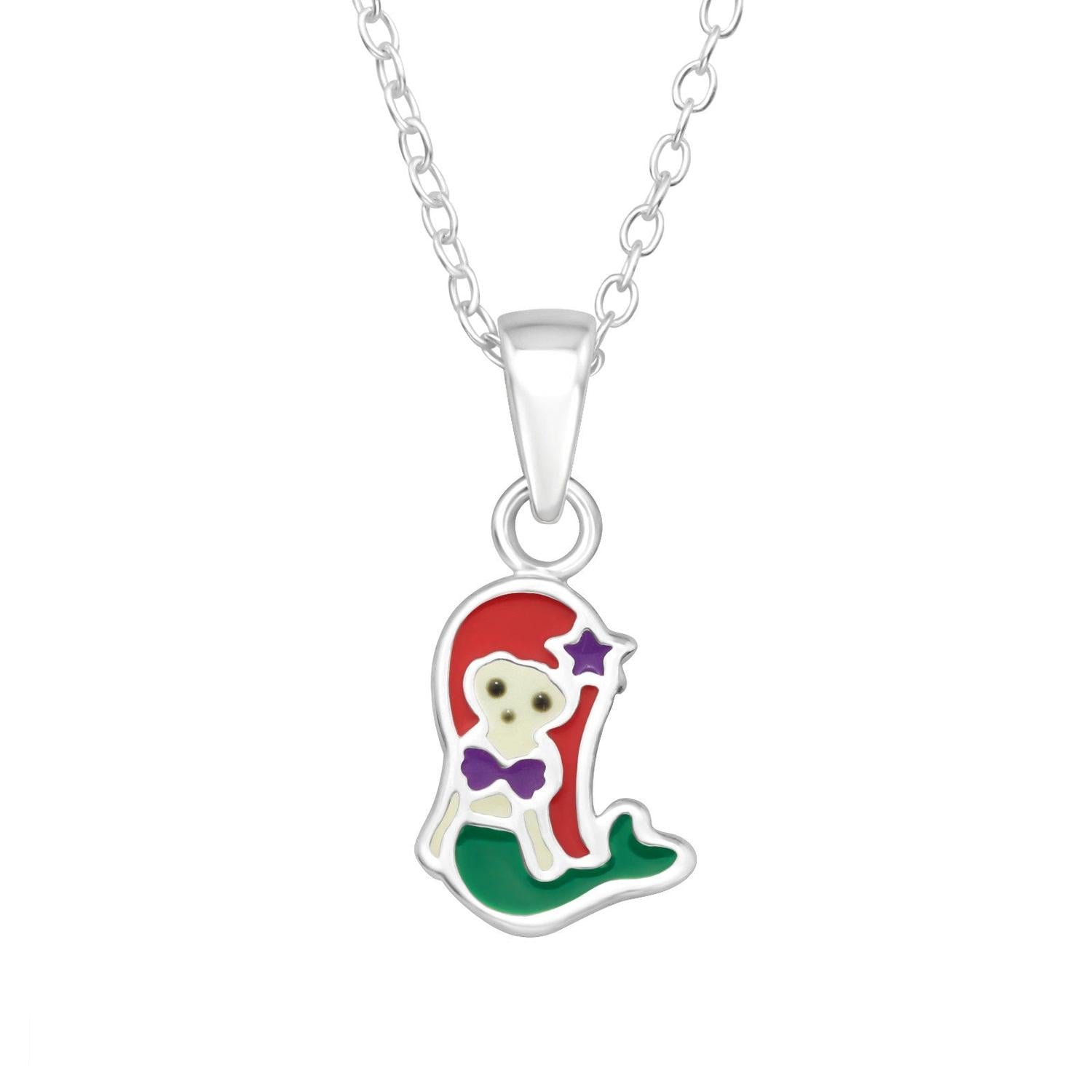 Childrens silver mermaid necklace with colourful enamel detailing on sterling silver chain by Melchior Jewellery