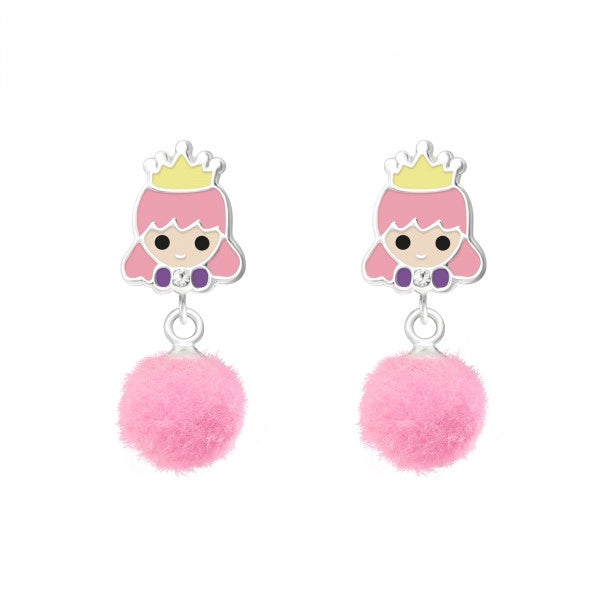 Melchior Jewellery children's silver princess earrings with pink enamel princess faces and fluffy pink pompom dangles