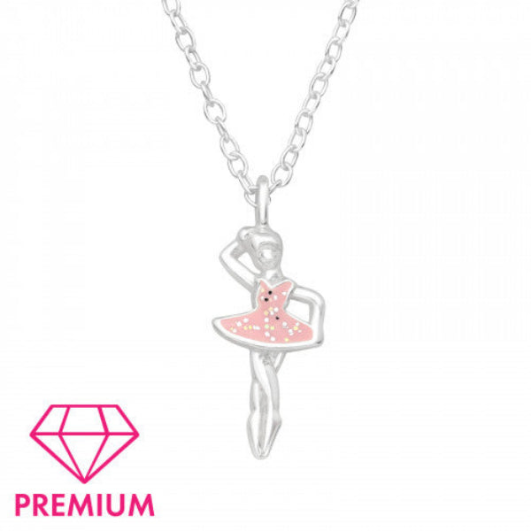 Children's sterling silver ballerina necklace with pink enamel dress by Melchior Jewellery