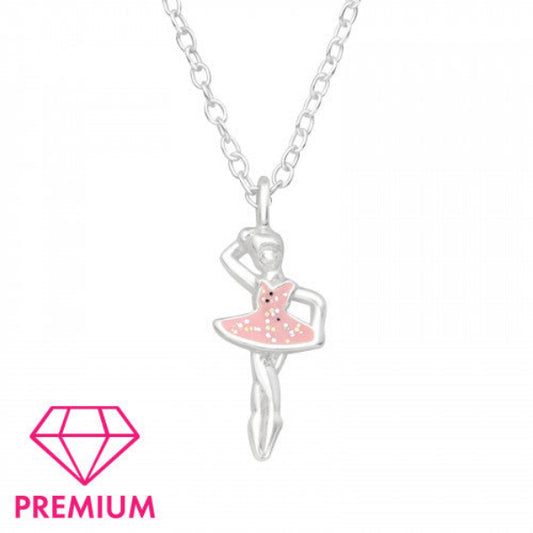 Children's sterling silver ballerina necklace with pink enamel dress by Melchior Jewellery