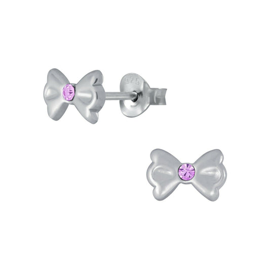 Melchior Jewellery children's sterling silver bow earrings with pink gemstone centre studs