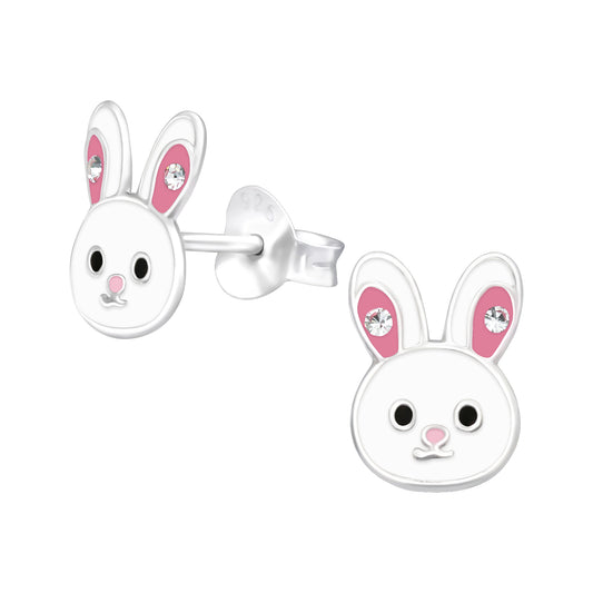 Melchior Jewellery children's sterling silver bunny earrings white enamel with pink ears and crystal studs