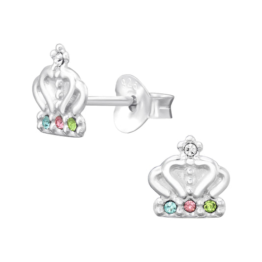Melchior Jewellery children's sterling silver crown earrings with pink blue and green crystal studs
