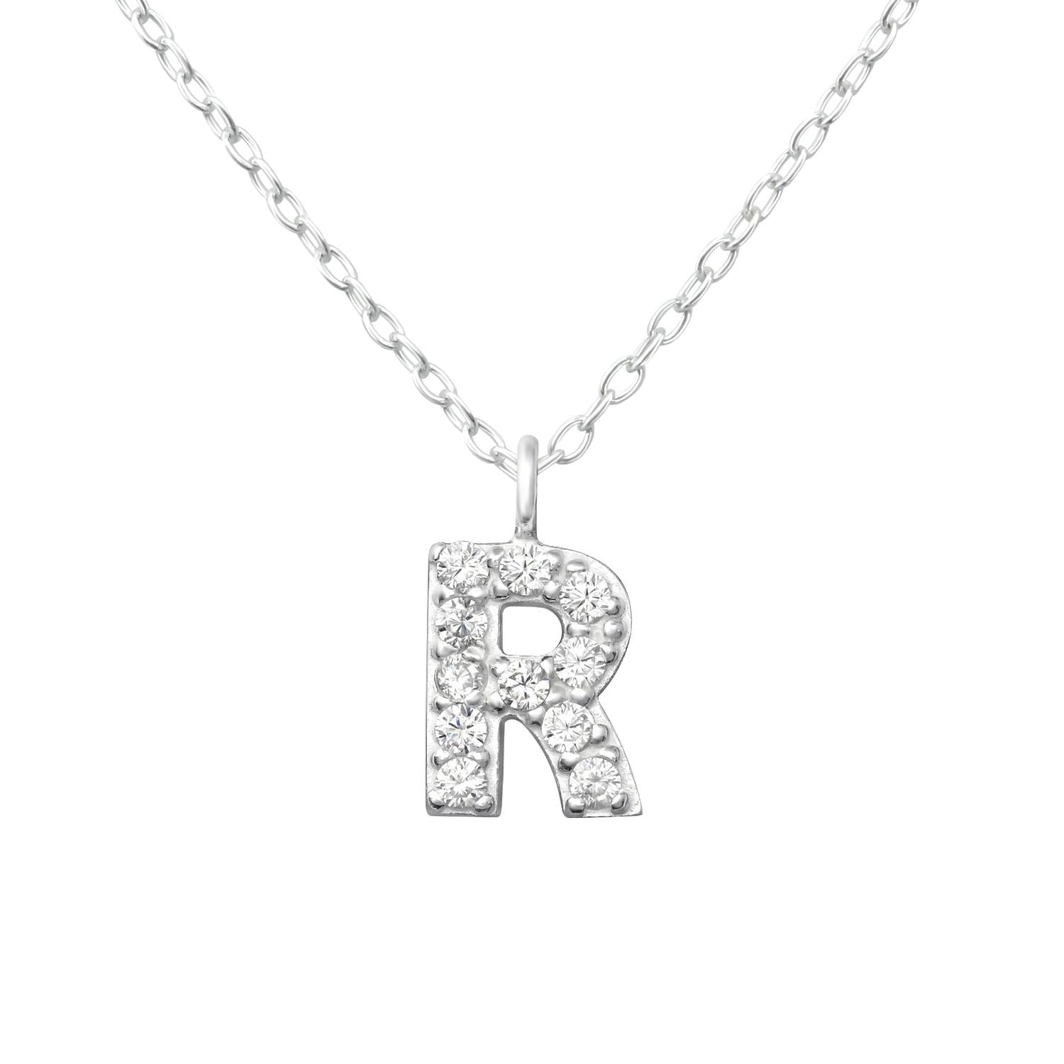 Sterling silver children's sterling silver initial necklace with letter R pendant embellished with crystals