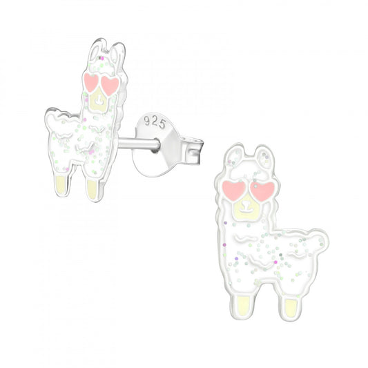 Melchior Jewellery children's sterling silver llama earrings white enamel with pink heart eyes and glitter 925 studs