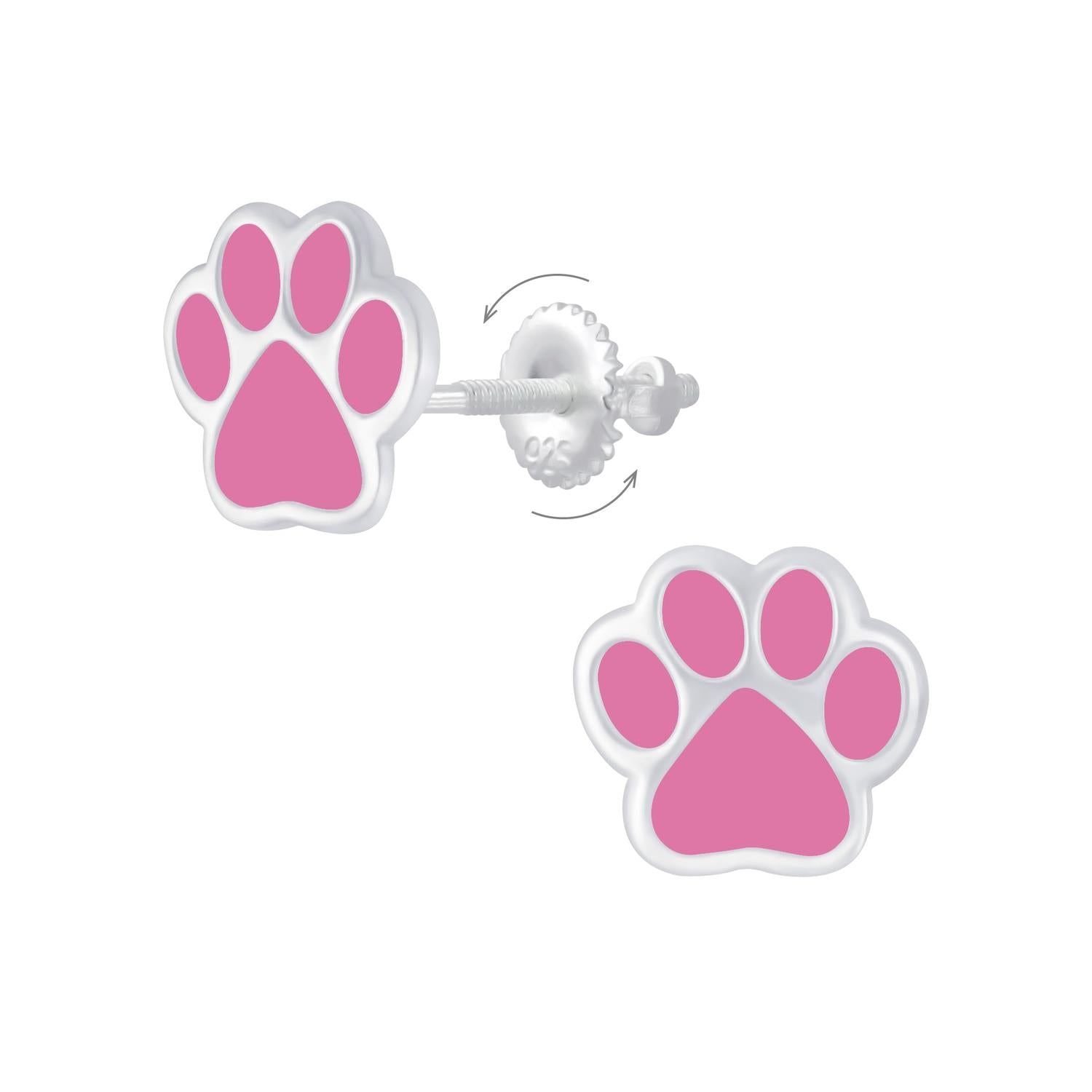 Melchior Jewellery Childrens Sterling Silver Paw Earrings with bright pink enamel paw design and secure screw back fastening