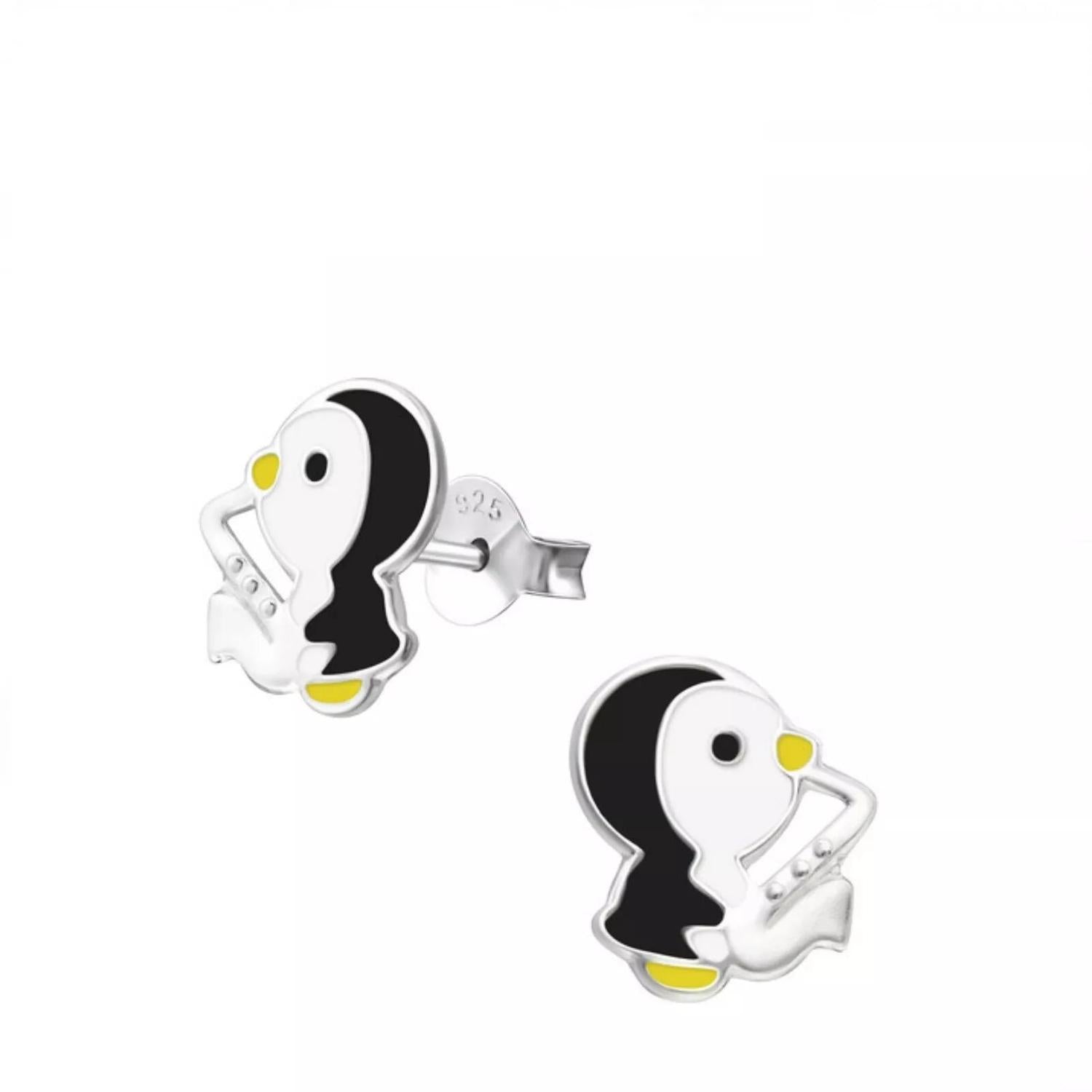 Childrens Sterling Silver Penguin Stud Earrings with black and white enamel and yellow beak and feet by Melchior Jewellery