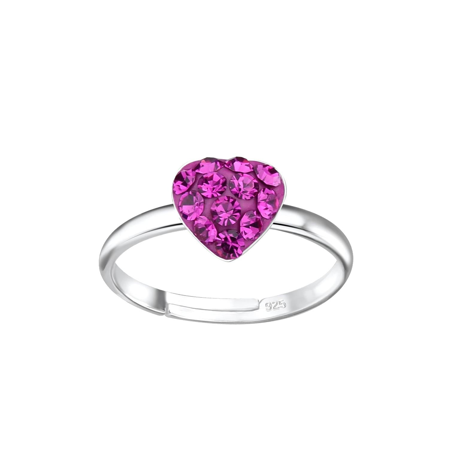 Childrens sterling silver pink heart ring by Melchior Jewellery with bright pink crystal stones on silver band