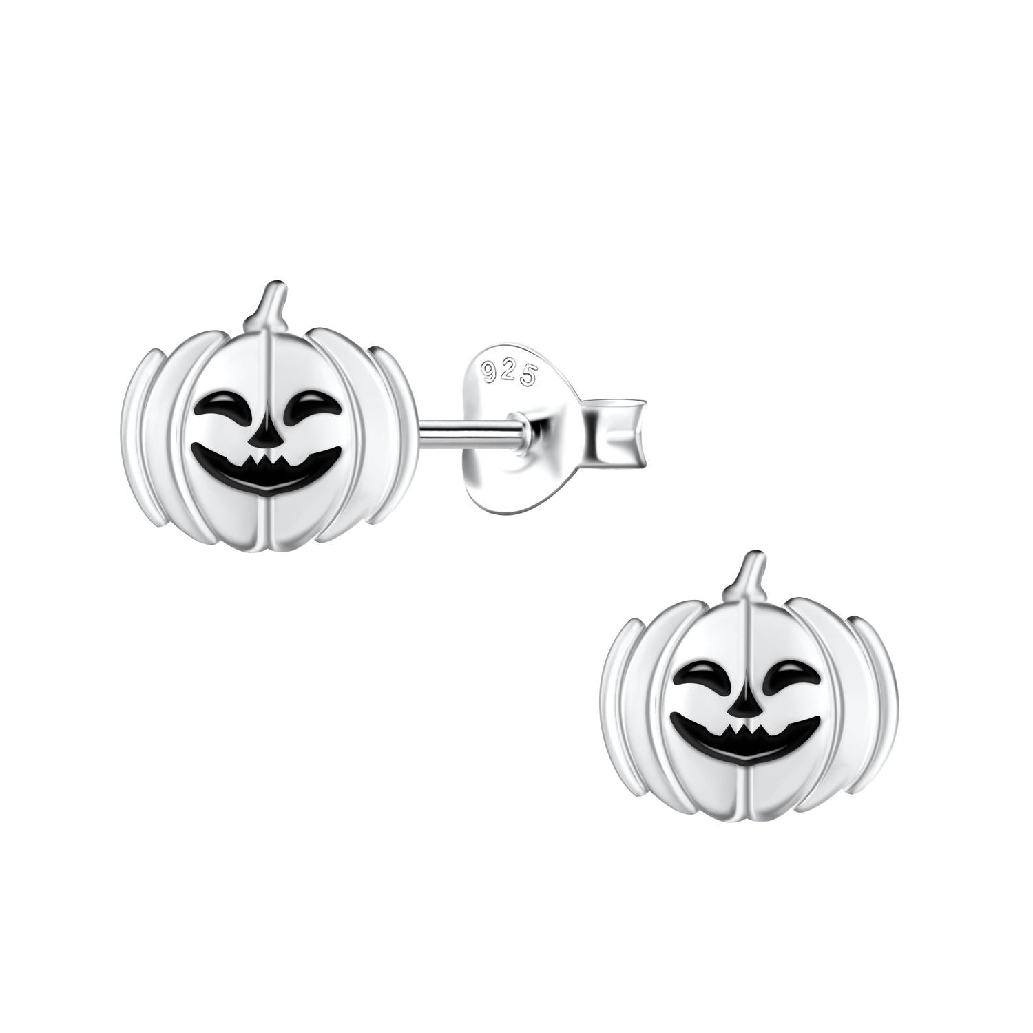 Melchior Jewellery children's sterling silver pumpkin earrings small jack o lantern stud pair with black enamel face