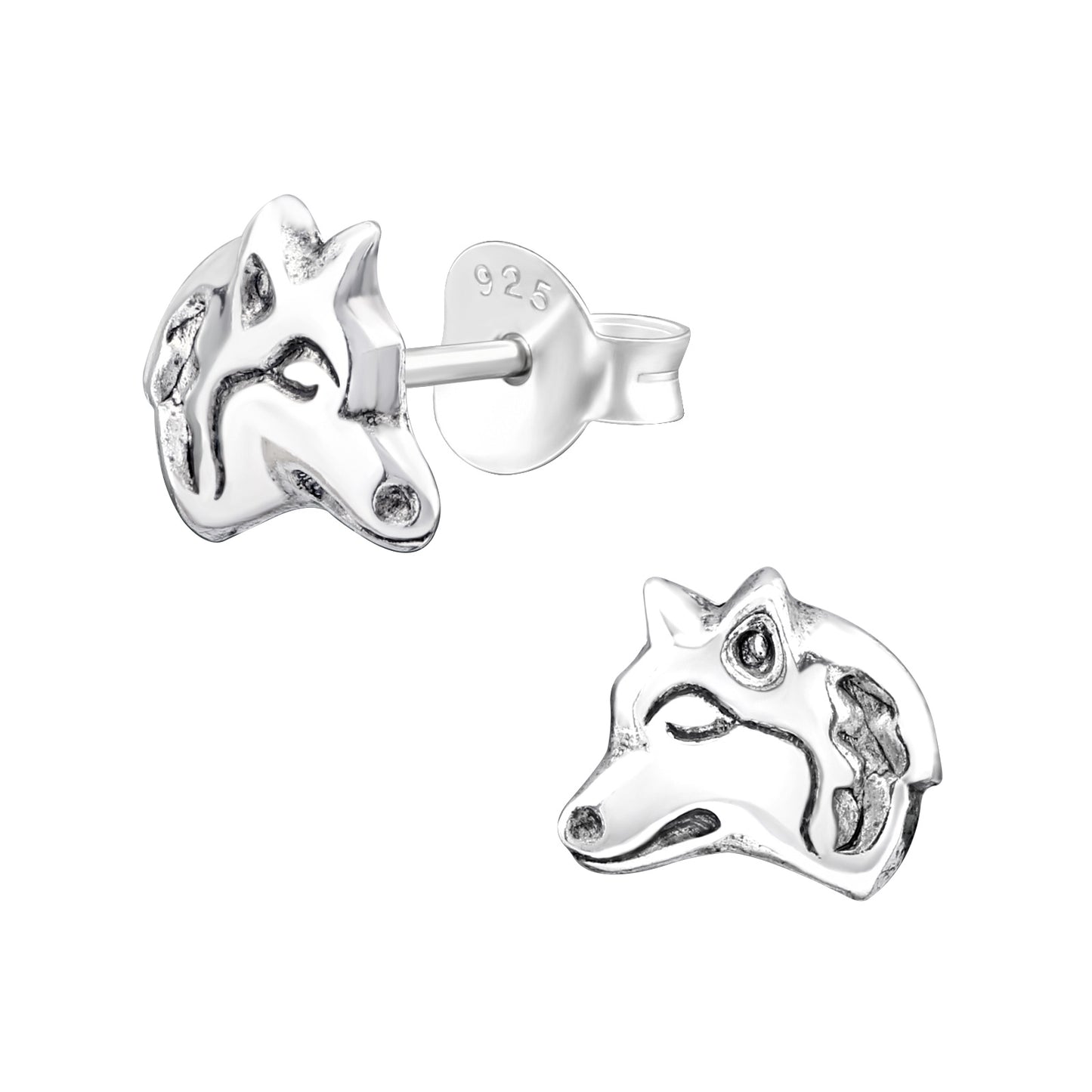 Children's sterling silver wolf earrings by Melchior Jewellery, detailed wolf head design stud earrings