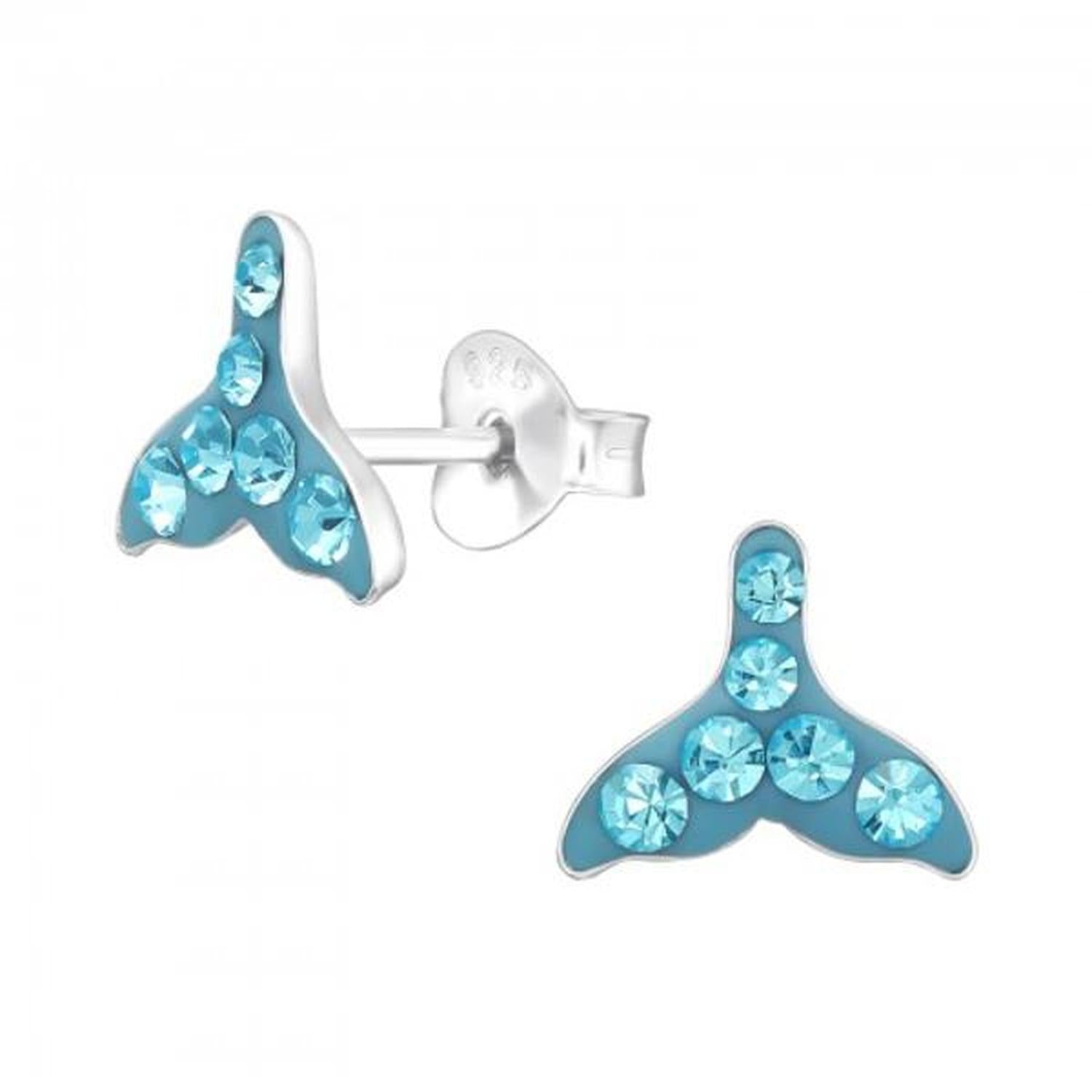 Melchior Jewellery Childrens Whales tail Earrings in silver with blue enamel and sparkling blue crystals