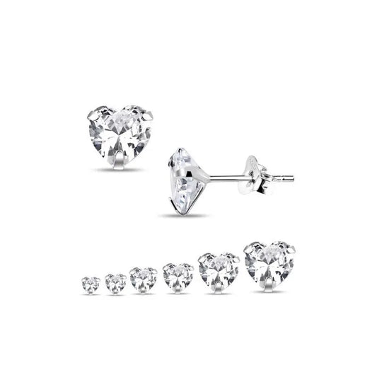 Melchior Jewellery clear cubic zirconia silver heart earrings stud set in graduated sizes with butterfly backs