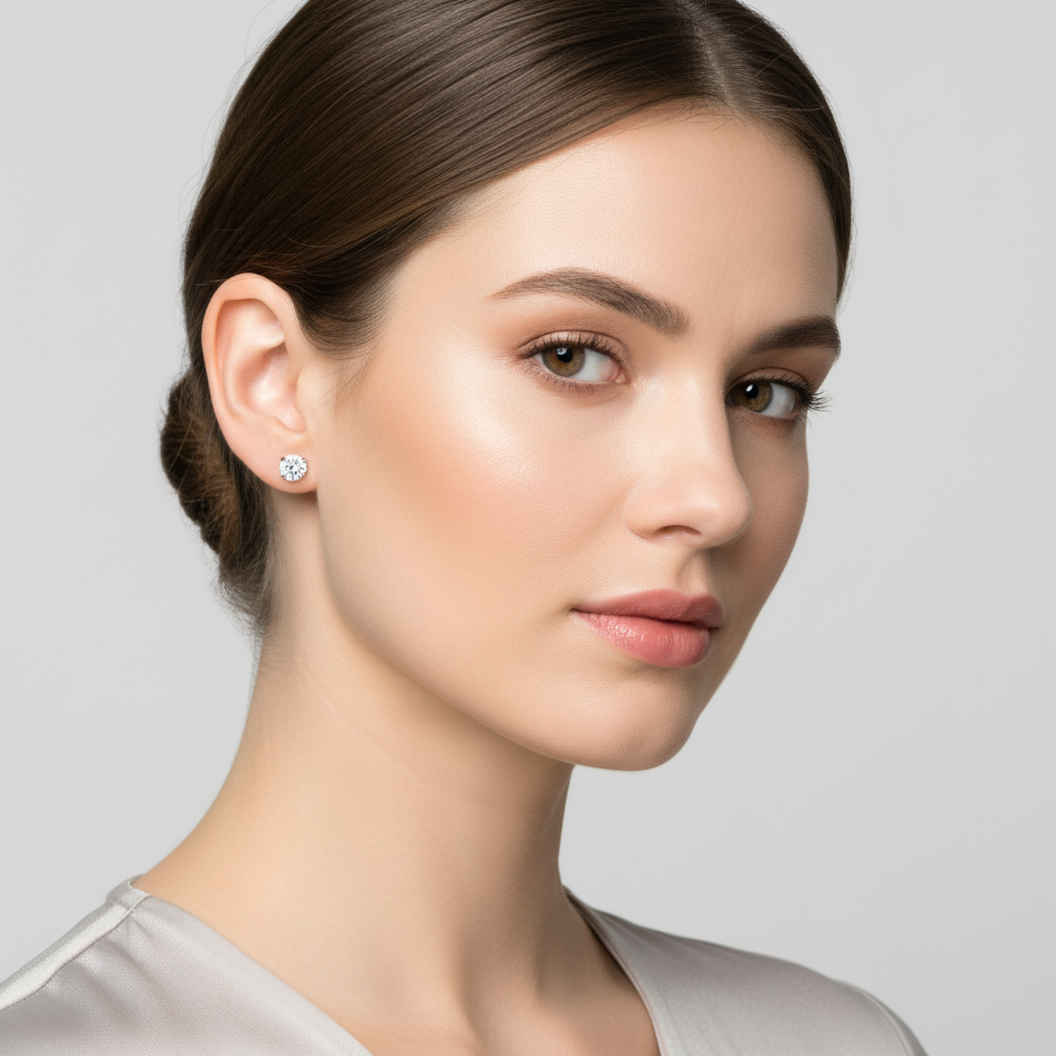 Melchior Jewellery clear round cubic zirconia earrings worn by woman with fair skin and brown hair