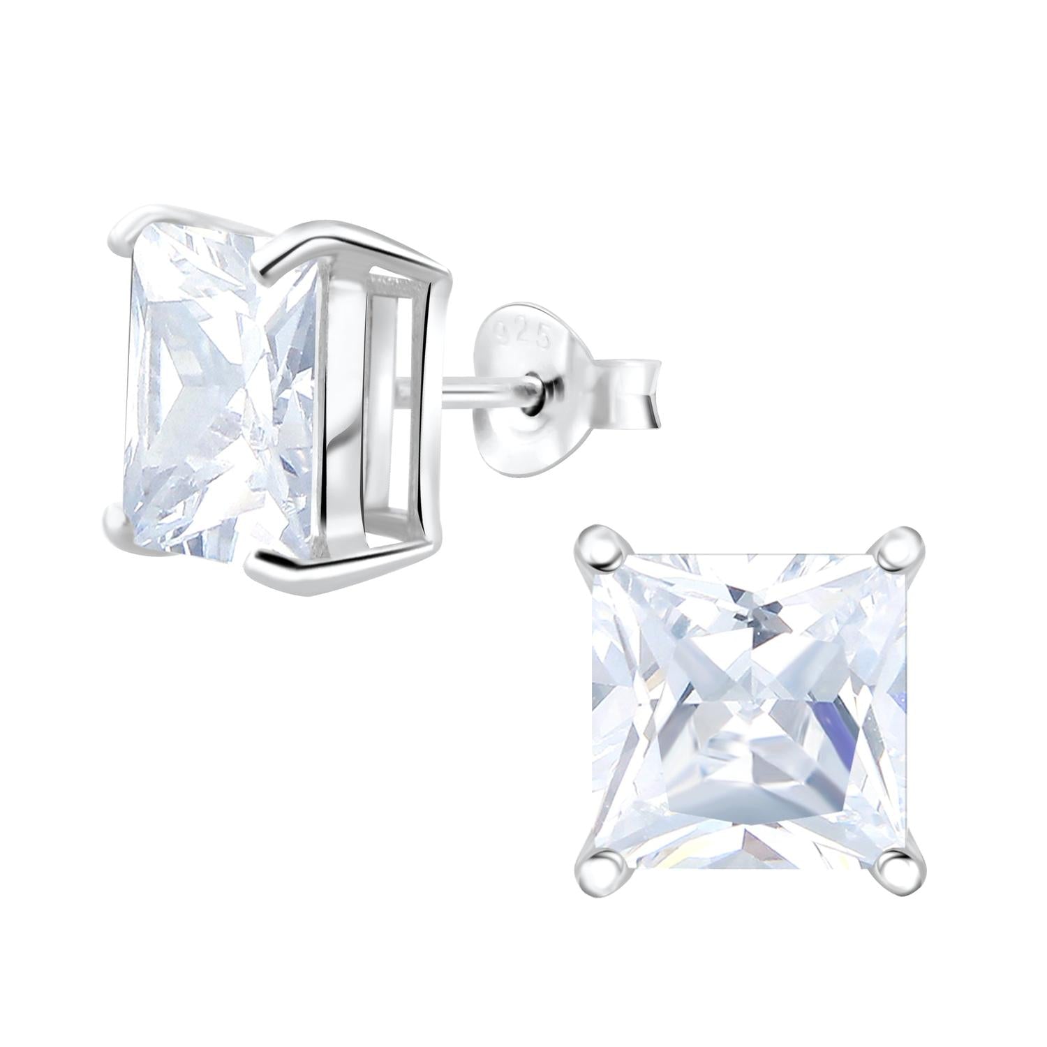 Melchior Jewellery clear stud earrings featuring square-cut sparkling clear stones in silver settings