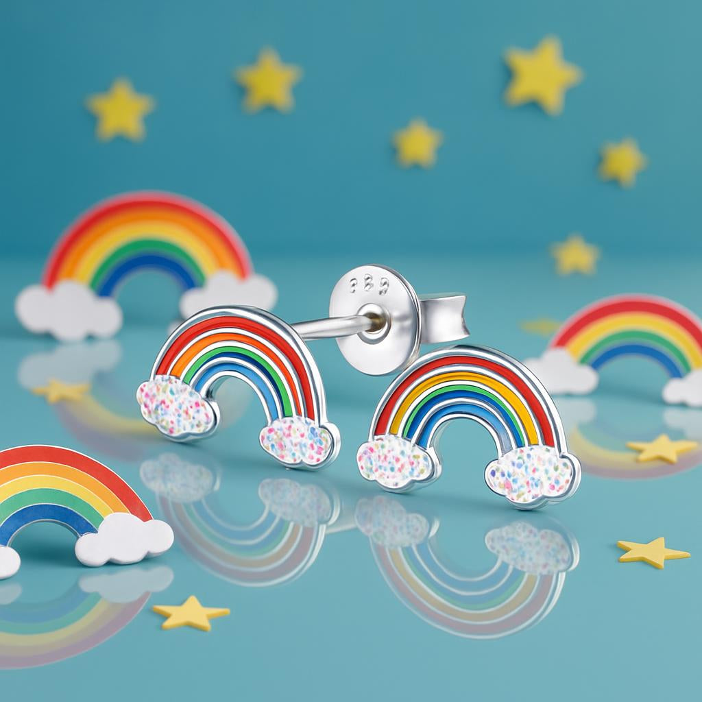 Colourful rainbow stud earrings girls by Melchior Jewellery with vibrant rainbow design and sparkly clouds