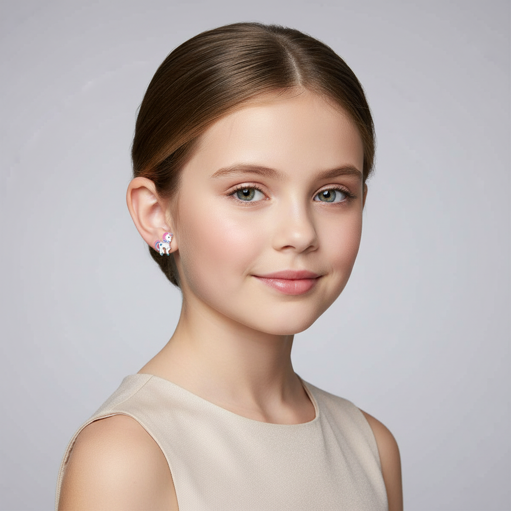 Melchior Jewellery colourful unicorn stud earrings for kids worn by a young girl with a neutral background