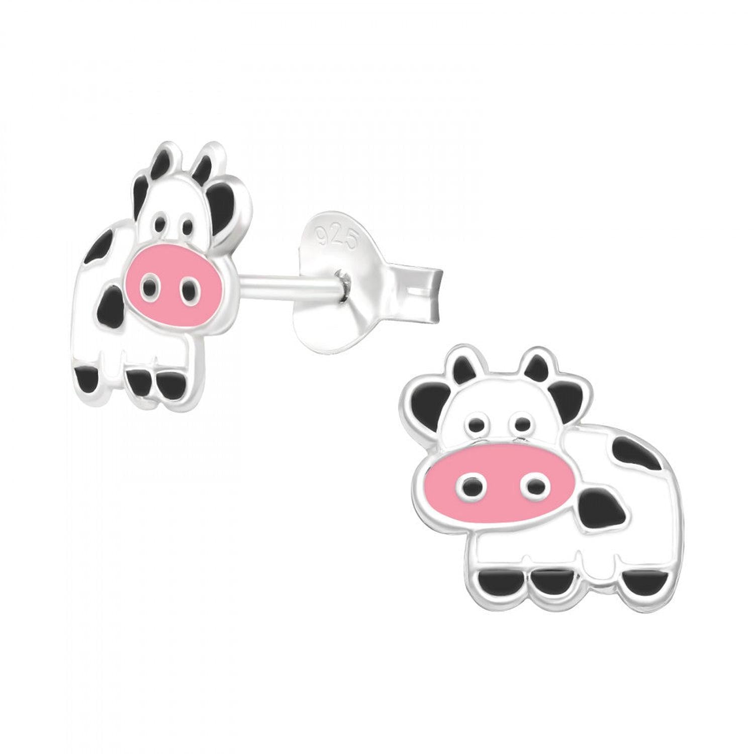 Melchior Jewellery childrens Cow Stud Earrings in silver with black and pink enamel details