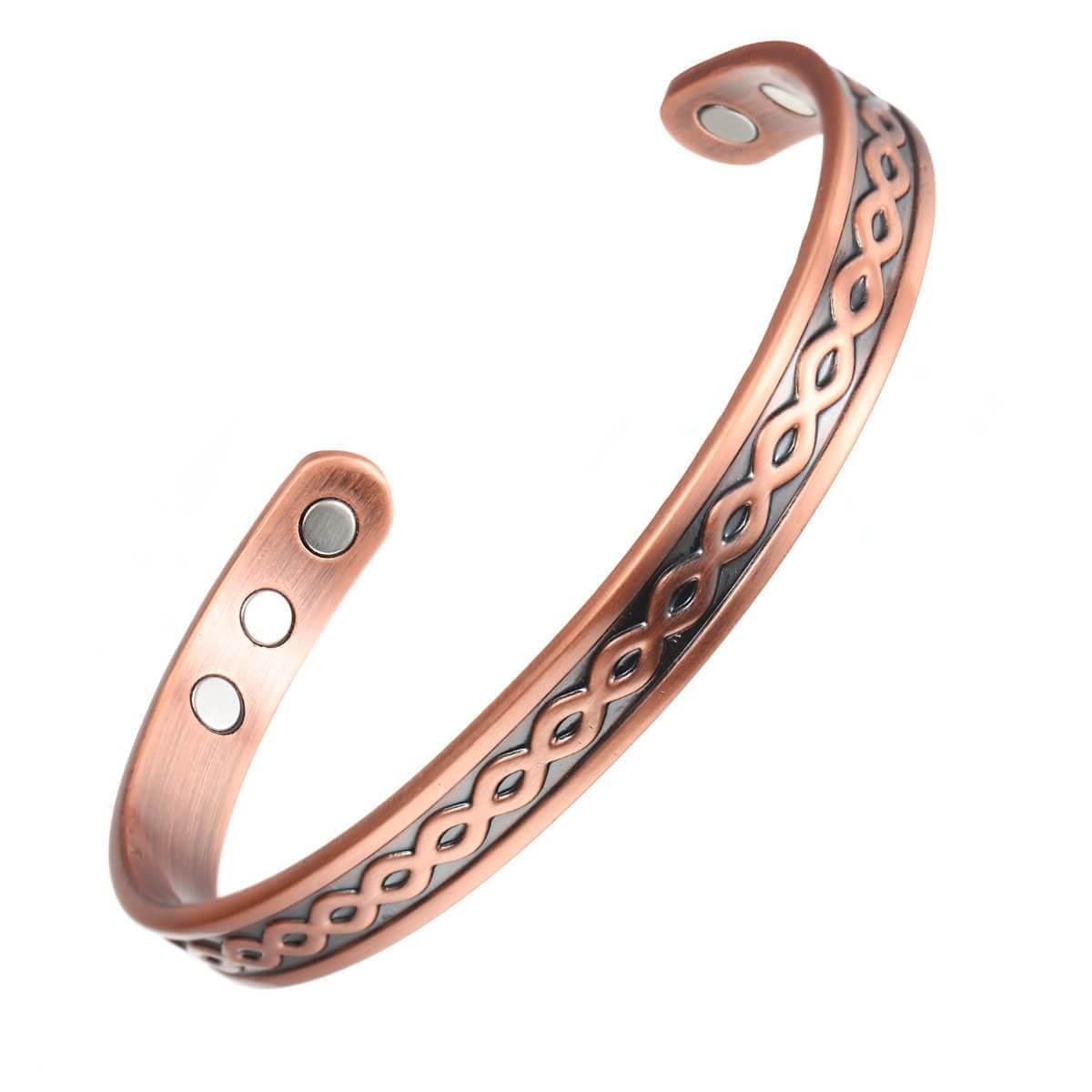 Melchior Jewellery cross over copper magnetic bangle open cuff with Celtic twist pattern and embedded magnets