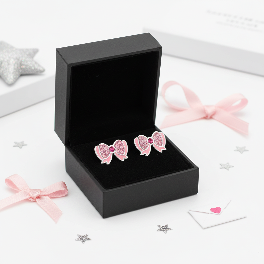 Melchior Jewellery crystal bow earrings for girls pink bow design in black gift box