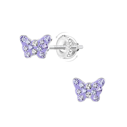 Melchior Jewellery crystal butterfly screw back earrings for kids with purple crystals on silver studs