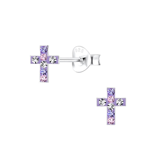 Melchior Jewellery crystal cross stud earrings for children with purple and pink crystals