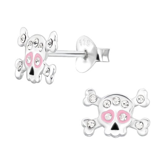 Melchior Jewellery crystal Halloween stud earrings for children shaped like skulls with pink and clear crystals