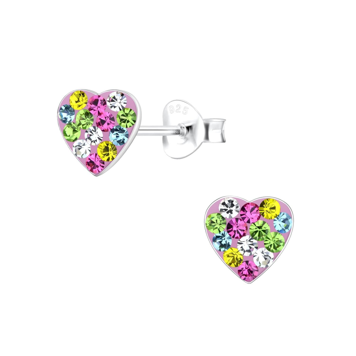 Melchior Jewellery Crystal Heart Stud Earrings for children with multicolour pink green yellow blue and clear crystals